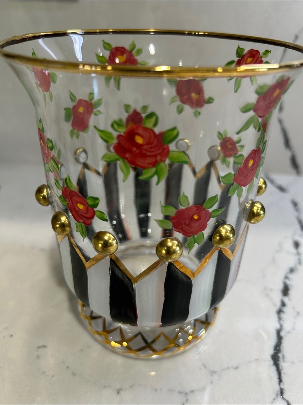 MacKenzie-Childs Hand-Painted Floral Glass Vase in Red, Black & Gold - Picture 4 of 6